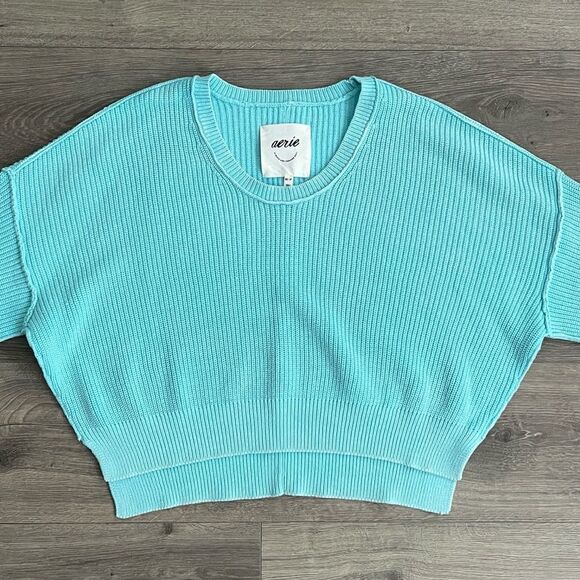AERIE Beyond Cropped Sweater XS Oversized Faded Blue Chunky Knit Casual Cozy - Picture 3 of 8